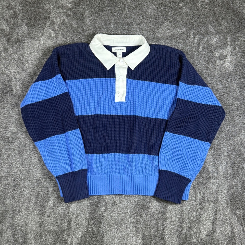Lands End Mens Large Blue Striped Cotton Shaker Knit Rugby Polo Sweater